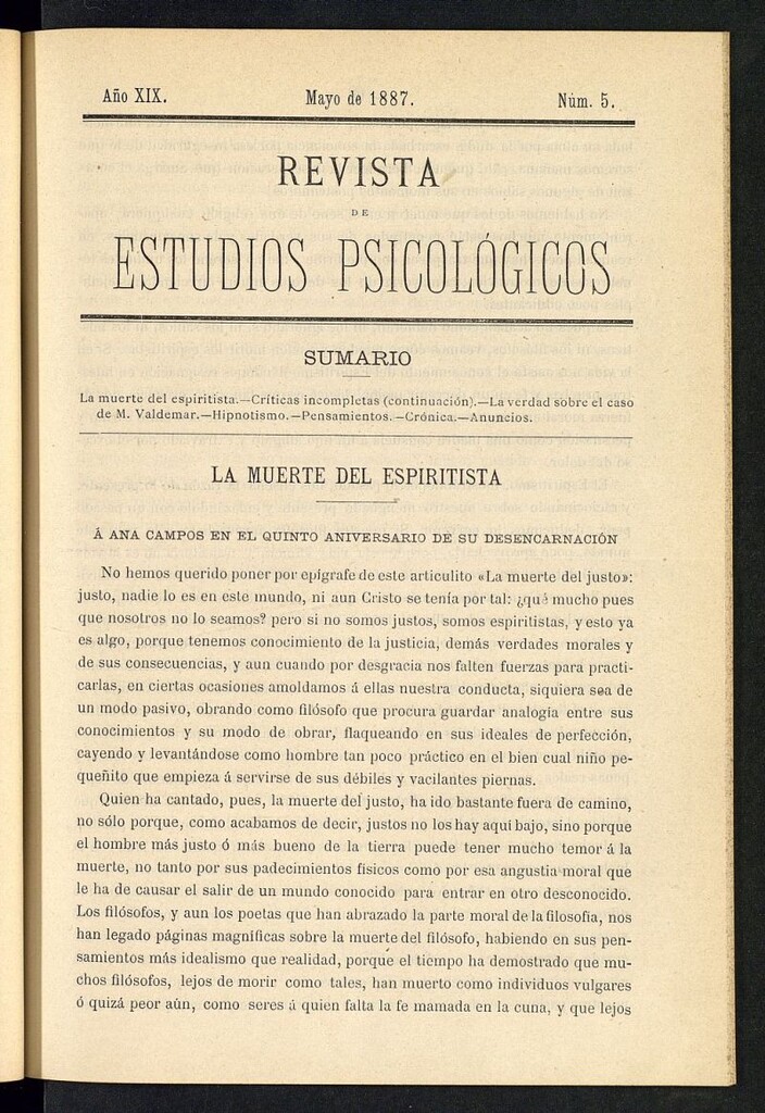 Miniatura de Revista de Estudios Psicológicos de mayo de 1887, nº 5