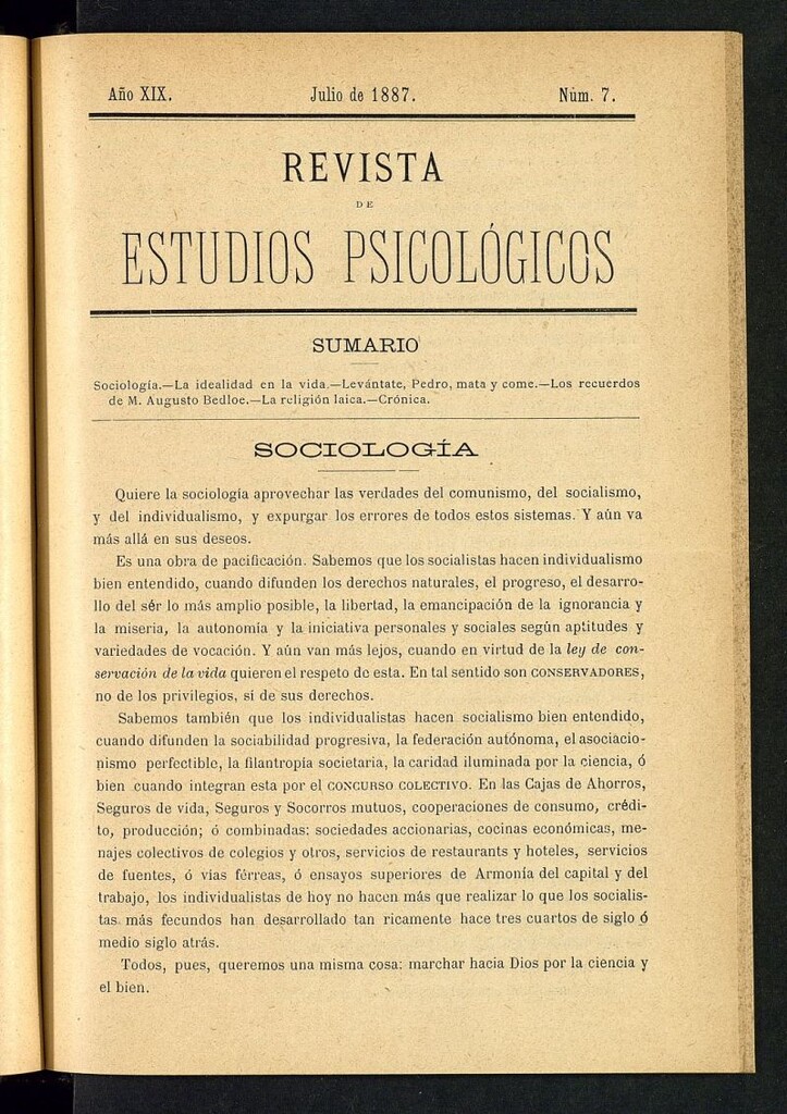 Miniatura de Revista de Estudios Psicológicos de julio de 1887, nº 7