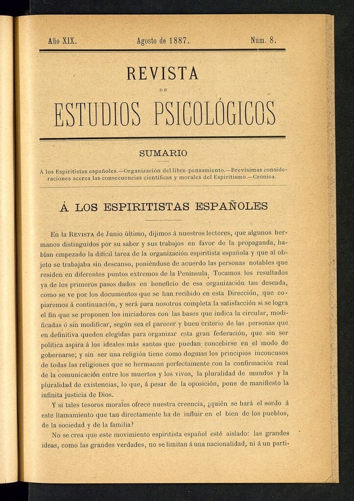 Miniatura de Revista de Estudios Psicológicos de agosto de 1887, nº 8