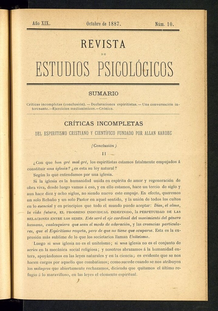Miniatura de Revista de Estudios Psicológicos de octubre de 1887, nº 10