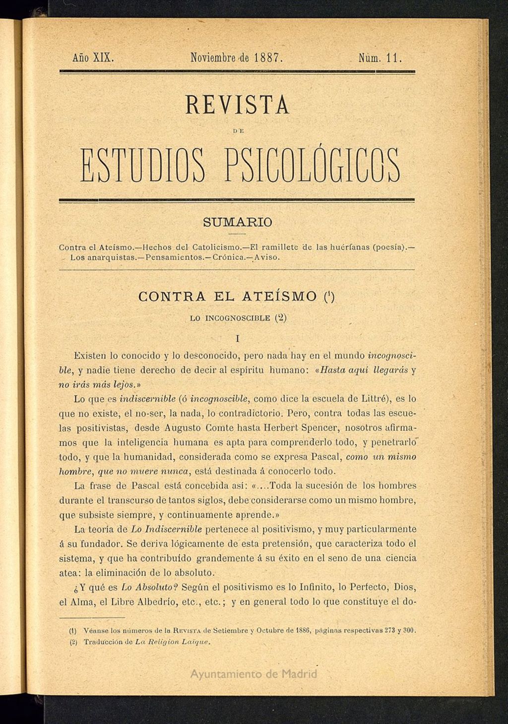 Miniatura de Revista de Estudios Psicológicos de noviembre de 1887, nº 11