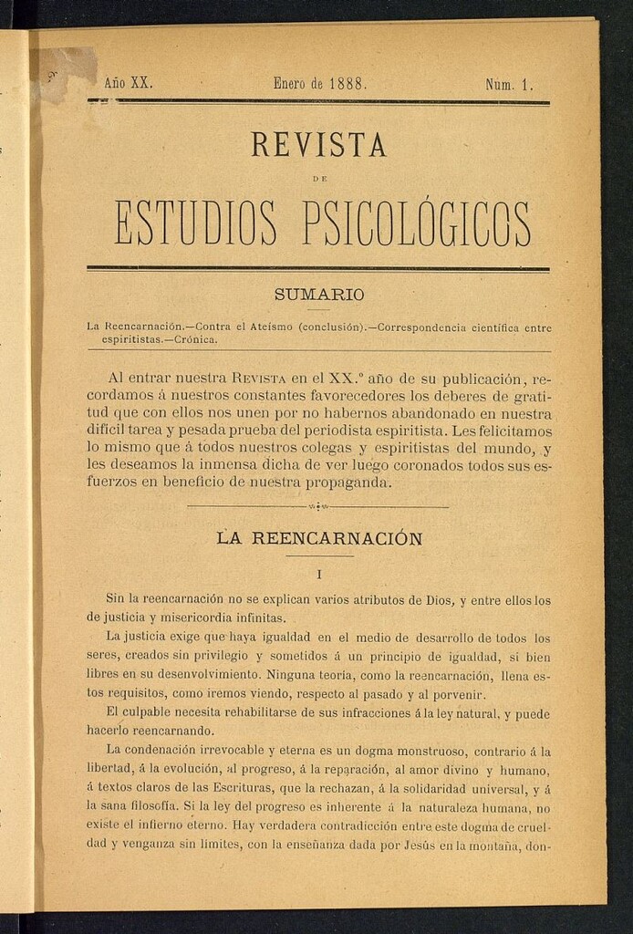 Miniatura de Revista de Estudios Psicológicos de enero de 1888, nº 1