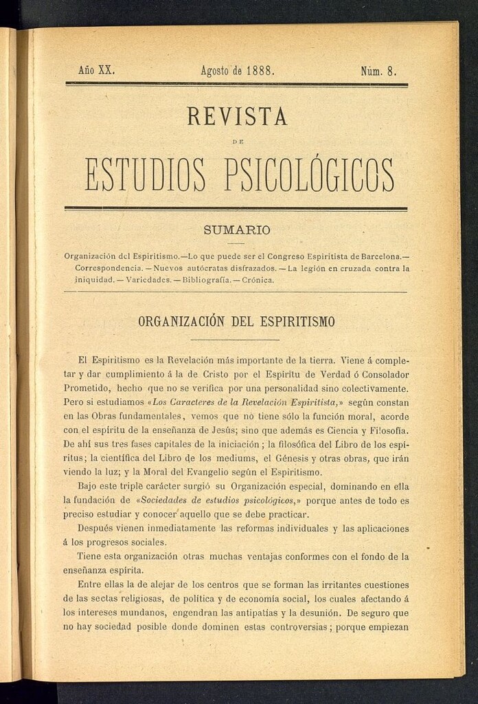Miniatura de Revista de Estudios Psicológicos de agosto de 1888, nº 8