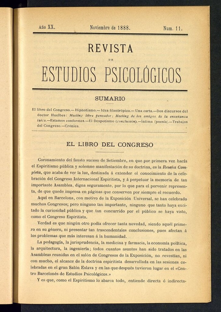 Miniatura de Revista de Estudios Psicológicos de noviembre de 1888, nº 11