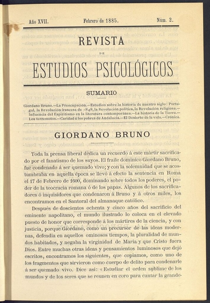 Miniatura de Revista de Estudios Psicológicos de febrero de 1885, nº 2