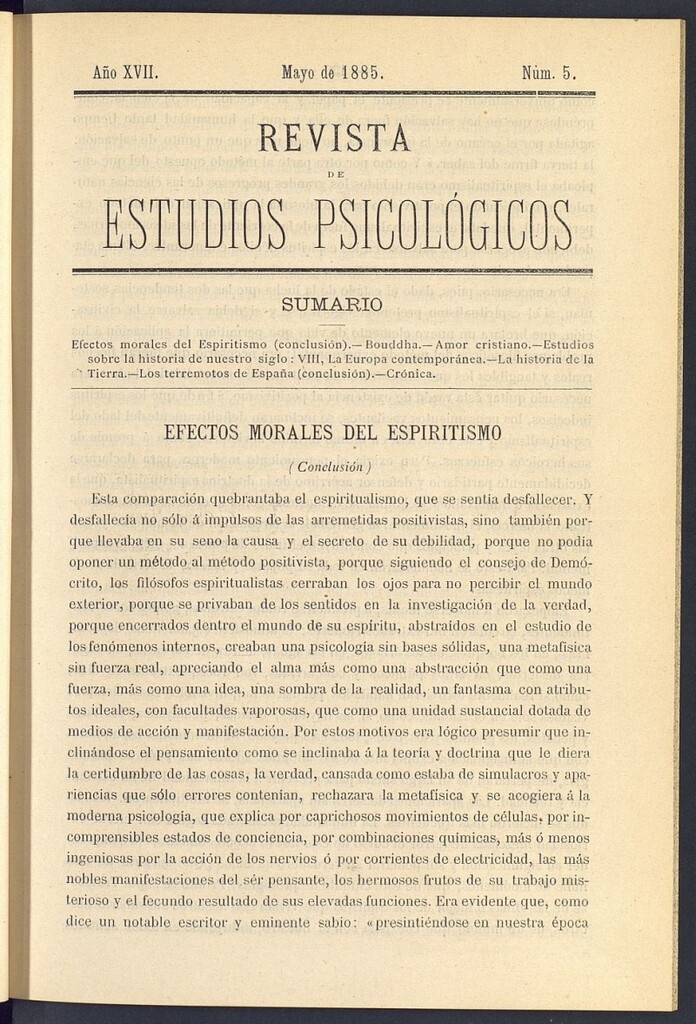 Miniatura de Revista de Estudios Psicológicos de mayo de 1885, nº 5