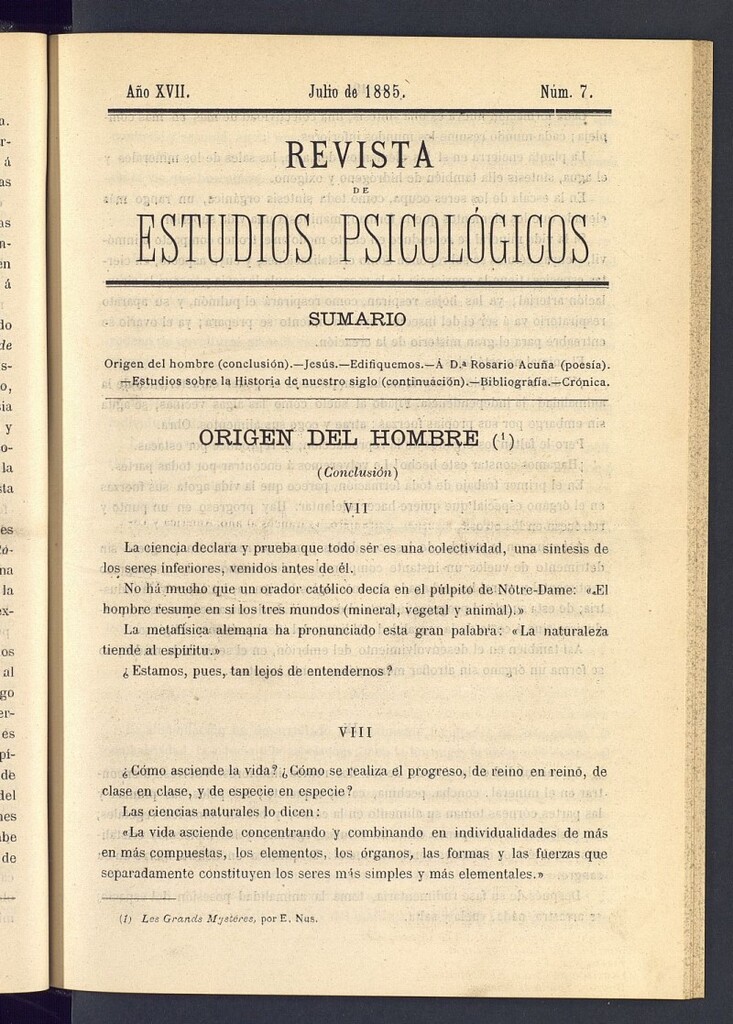 Miniatura de Revista de Estudios Psicológicos de julio de 1885, nº 7