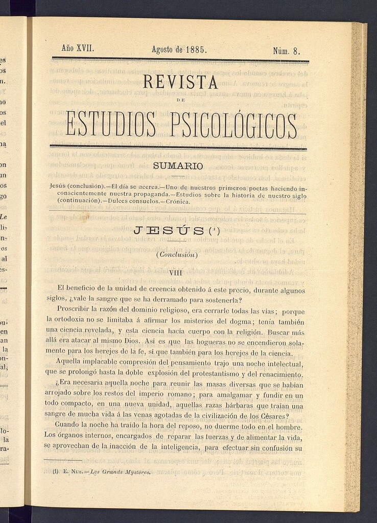 Miniatura de Revista de Estudios Psicológicos de agosto de 1885, nº 8