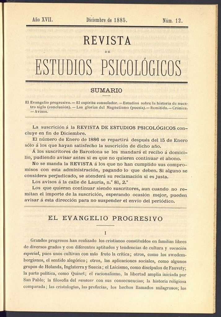 Miniatura de Revista de Estudios Psicológicos de diciembre de 1885, nº 12