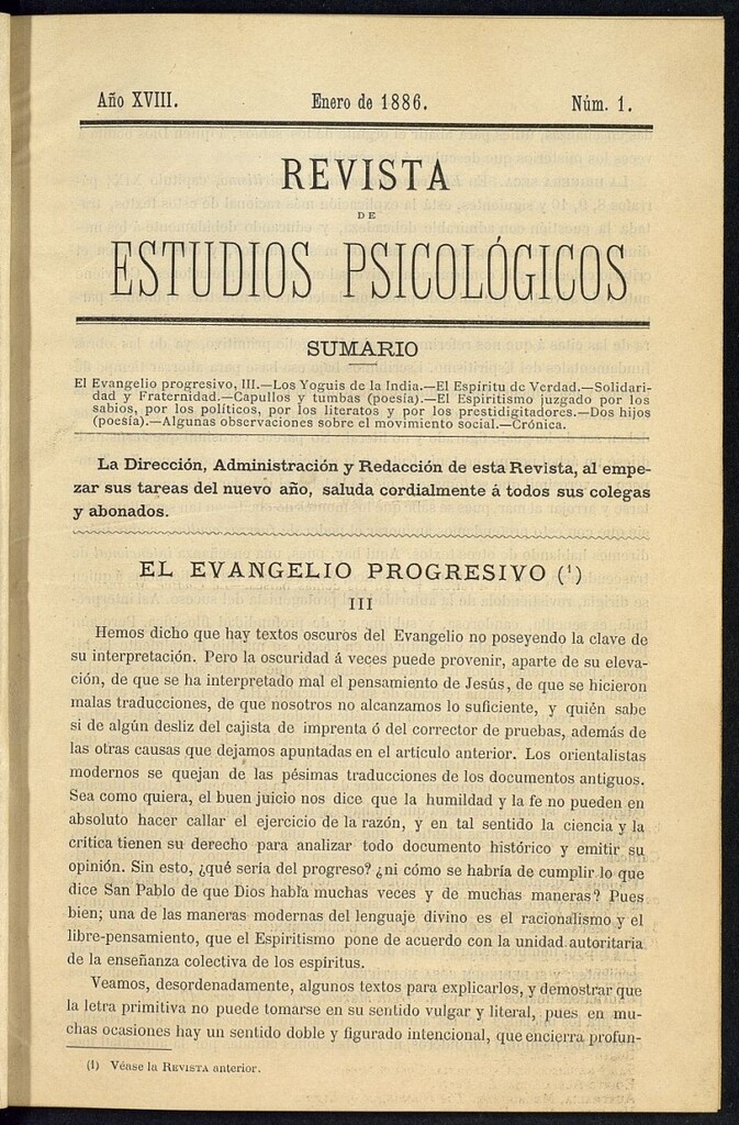 Miniatura de Revista de Estudios Psicológicos de enero de 1886, nº 1