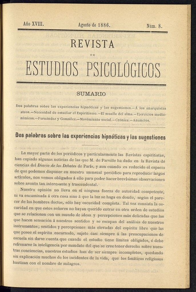 Miniatura de Revista de Estudios Psicológicos de agosto de 1886, nº 8