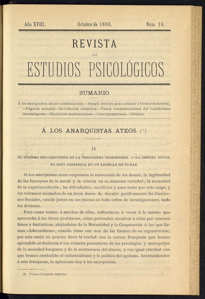 Miniatura de Revista de Estudios Psicológicos de octubre de 1886, nº 10