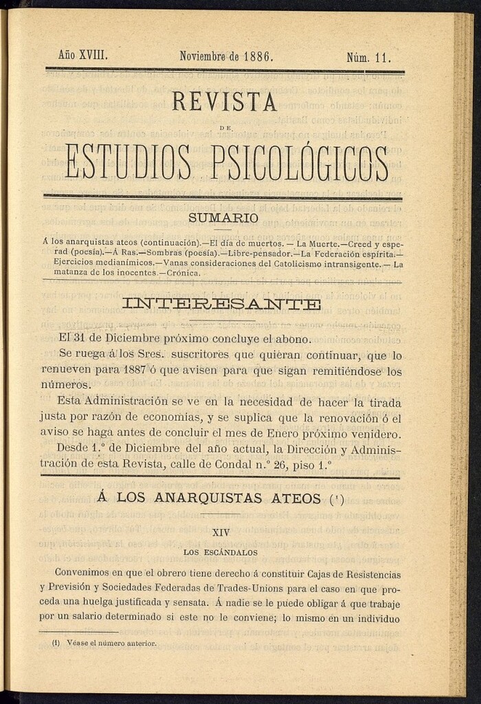 Miniatura de Revista de Estudios Psicológicos de noviembre de 1886, nº 11