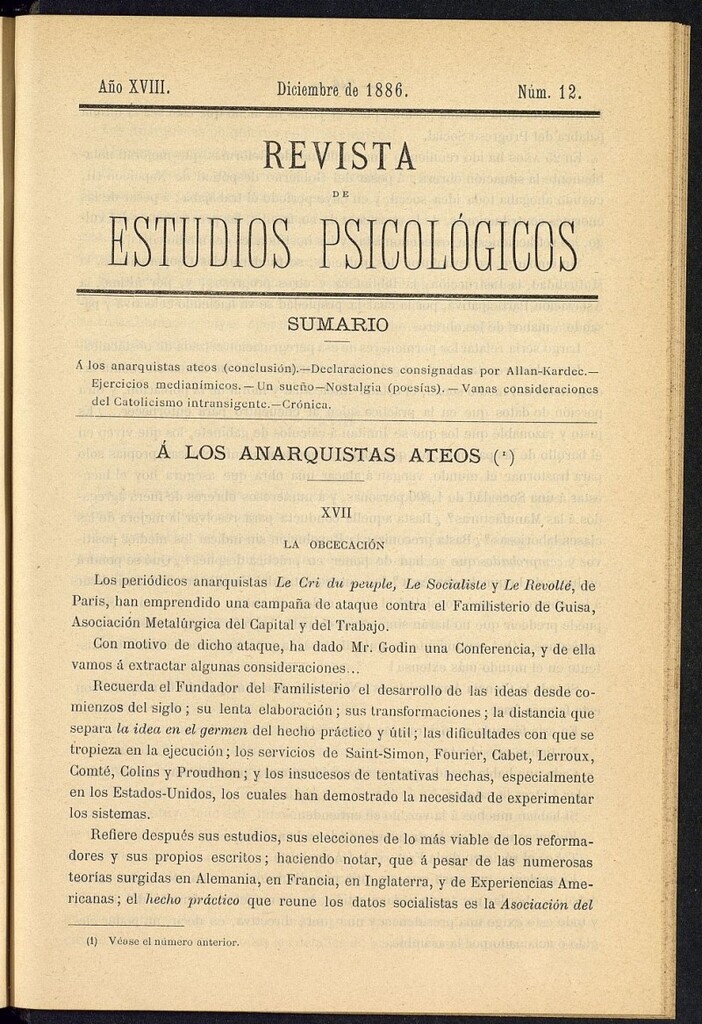 Miniatura de Revista de Estudios Psicológicos de diciembre de 1886, nº 12