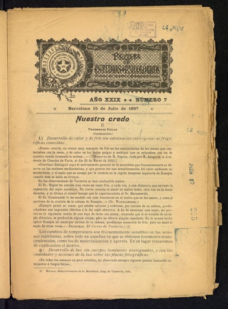Miniatura de Revista de Estudios Psicológicos de 15 de julio de 1897, nº 7
