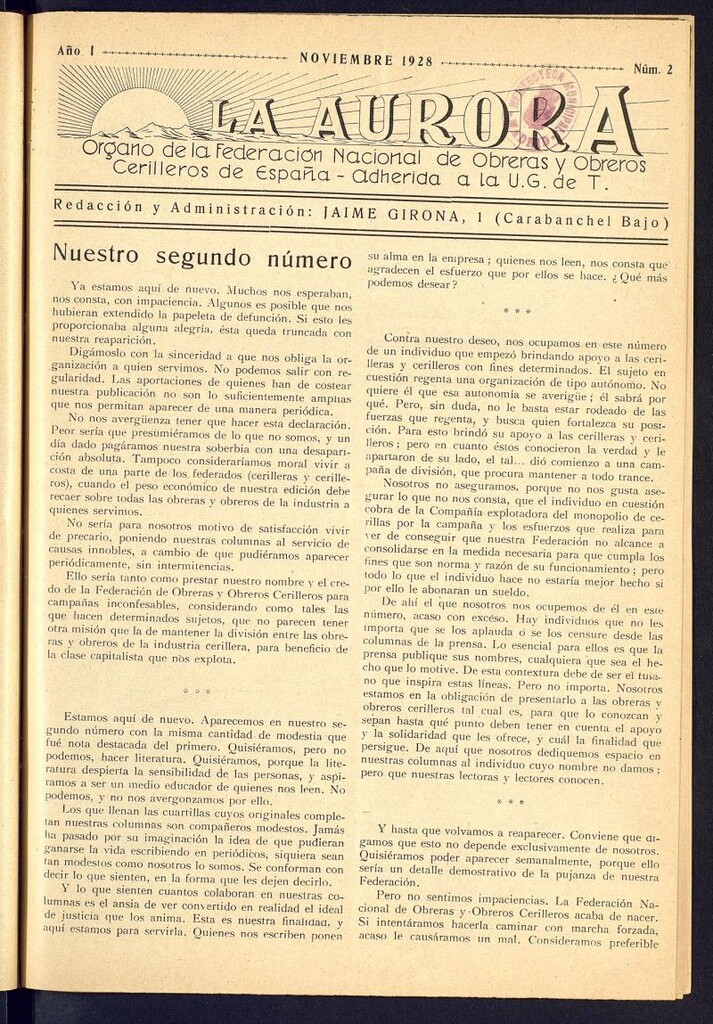 Miniatura de La Aurora : órgano de la Federación Nacional de Obreros y Obreras Cerilleras de España de noviembre de 1928. Número 2