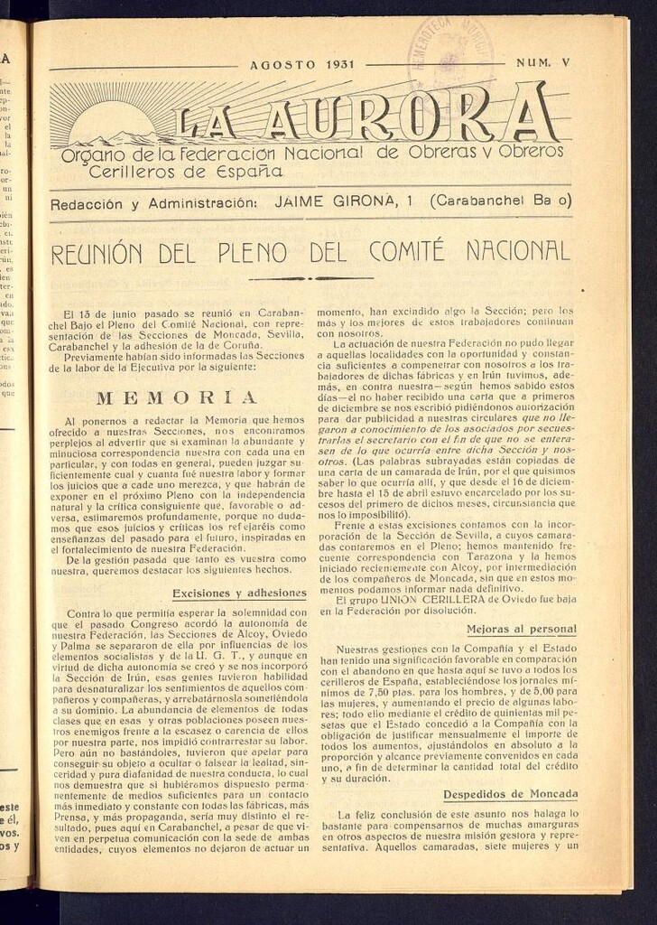 Miniatura de La Aurora : órgano de la Federación Nacional de Obreros y Obreras Cerilleras de España de agosto de 1931. Número 5