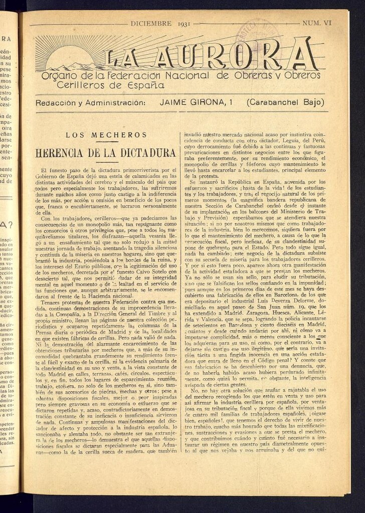 Miniatura de La Aurora : órgano de la Federación Nacional de Obreros y Obreras Cerilleras de España de diciembre de 1931. Número 6