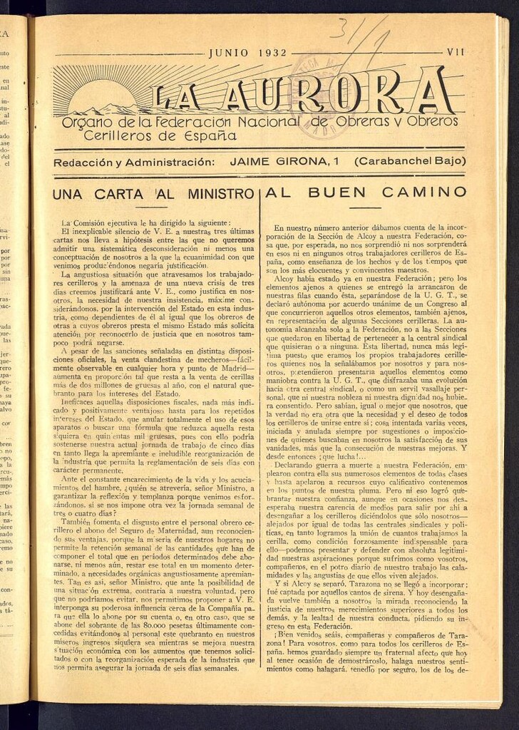 Miniatura de La Aurora : órgano de la Federación Nacional de Obreros y Obreras Cerilleras de España de junio de 1932. Número 7