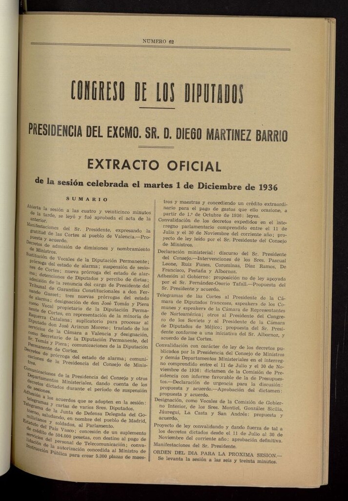 Miniatura de Congreso de los Diputados : Presidencia del Excmo. Sr. D. Diego Martínez Barrio