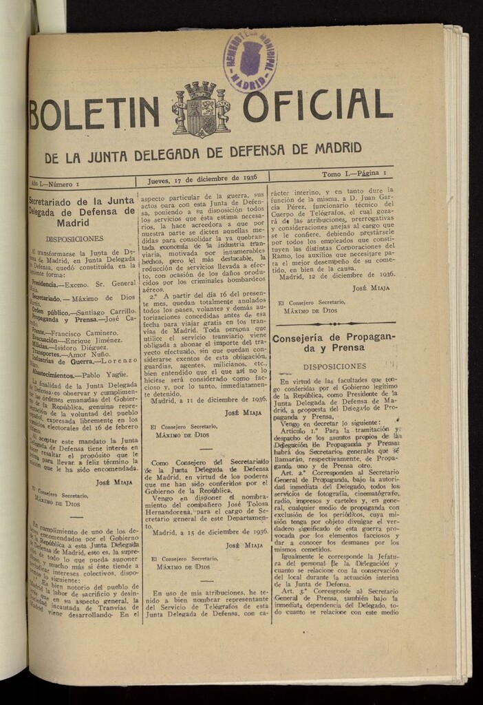 Miniatura de Boletín Oficial de la Junta Delegada de Defensa de Madrid