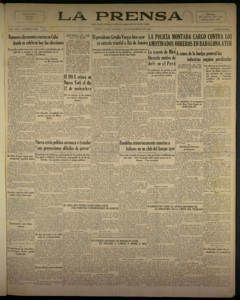 Miniatura de La Prensa: único diario español e hispano americano en Nueva York del 1 de noviembre de 1930, nº 3995