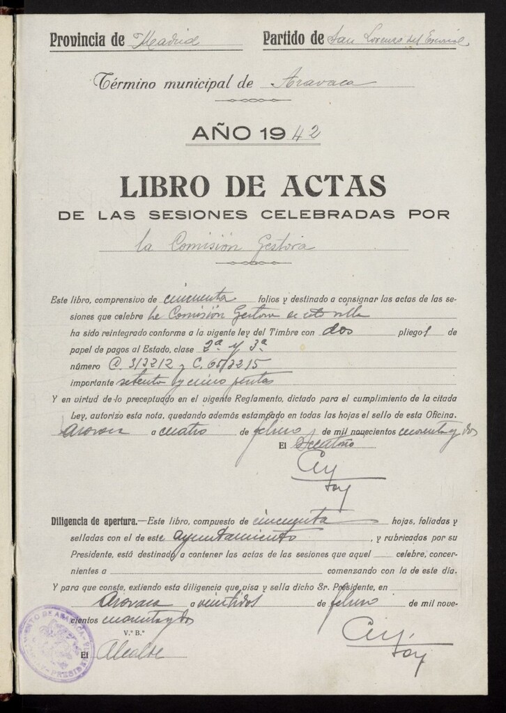 Miniatura de Libro de Actas del Ayuntamiento de Aravaca. Tomo 172 de los años 1942 a 1946