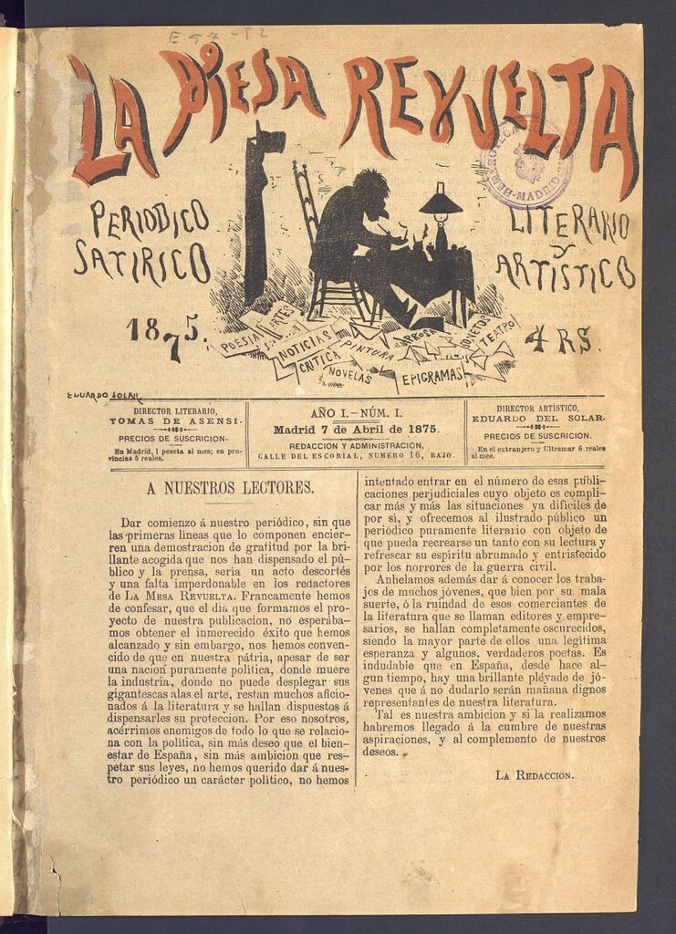 Miniatura de La Mesa revuelta: periódico satírico literario y artístico del 7 de abril de 1875. Nº 1