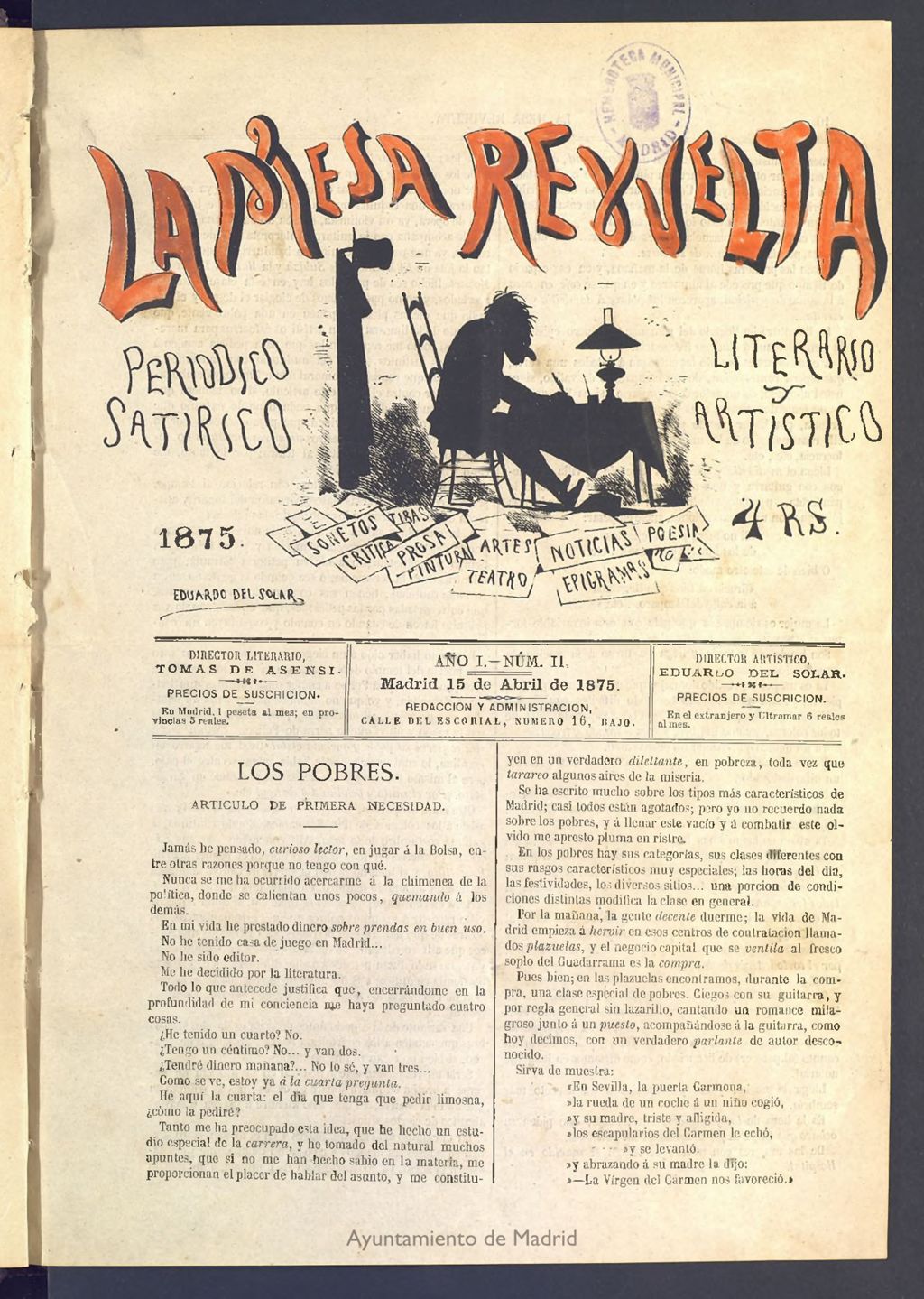 Miniatura de La Mesa revuelta: periódico satírico literario y artístico del 15 de abril de 1875. Nº 2