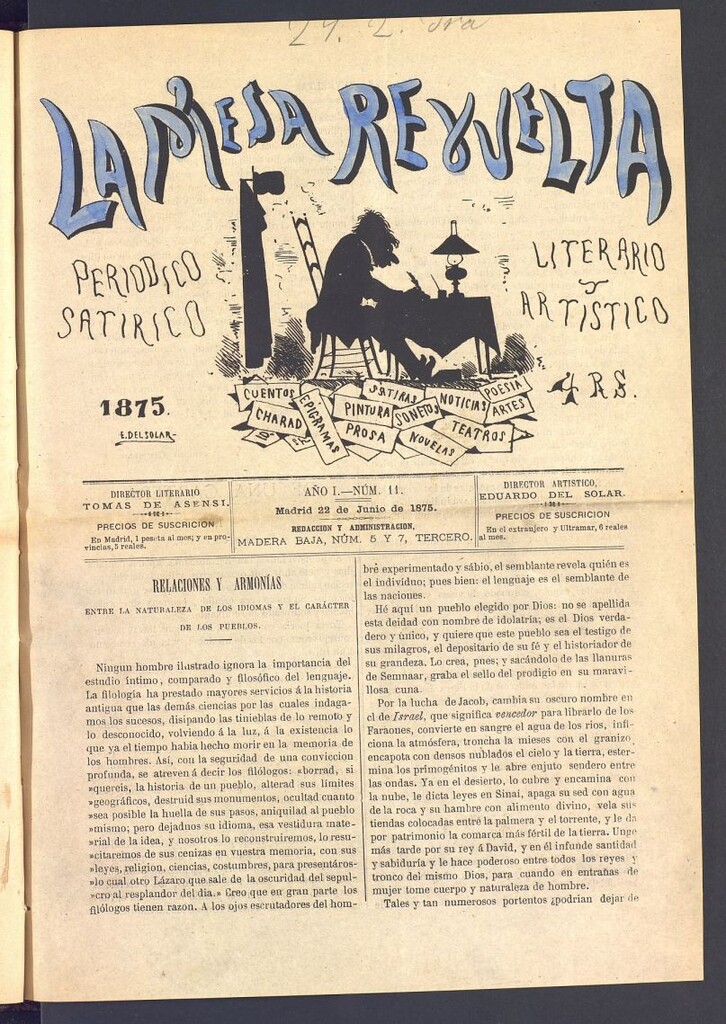 Miniatura de La Mesa revuelta: periódico satírico literario y artístico del 22 de junio de 1875. Nº 11