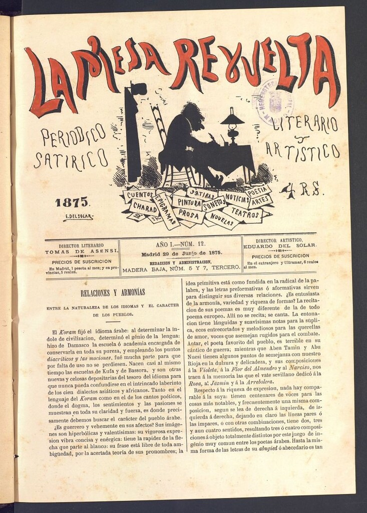 Miniatura de La Mesa revuelta: periódico satírico literario y artístico del 29 de junio de 1875. Nº 12