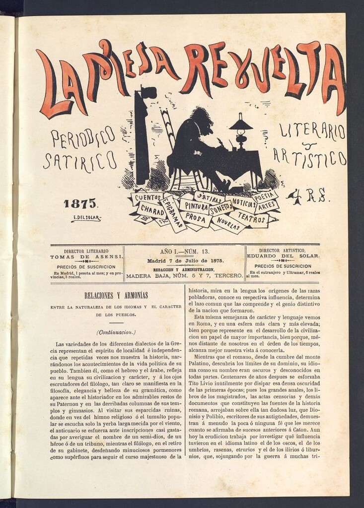 Miniatura de La Mesa revuelta: periódico satírico literario y artístico del 7 de julio de 1875. Nº 13