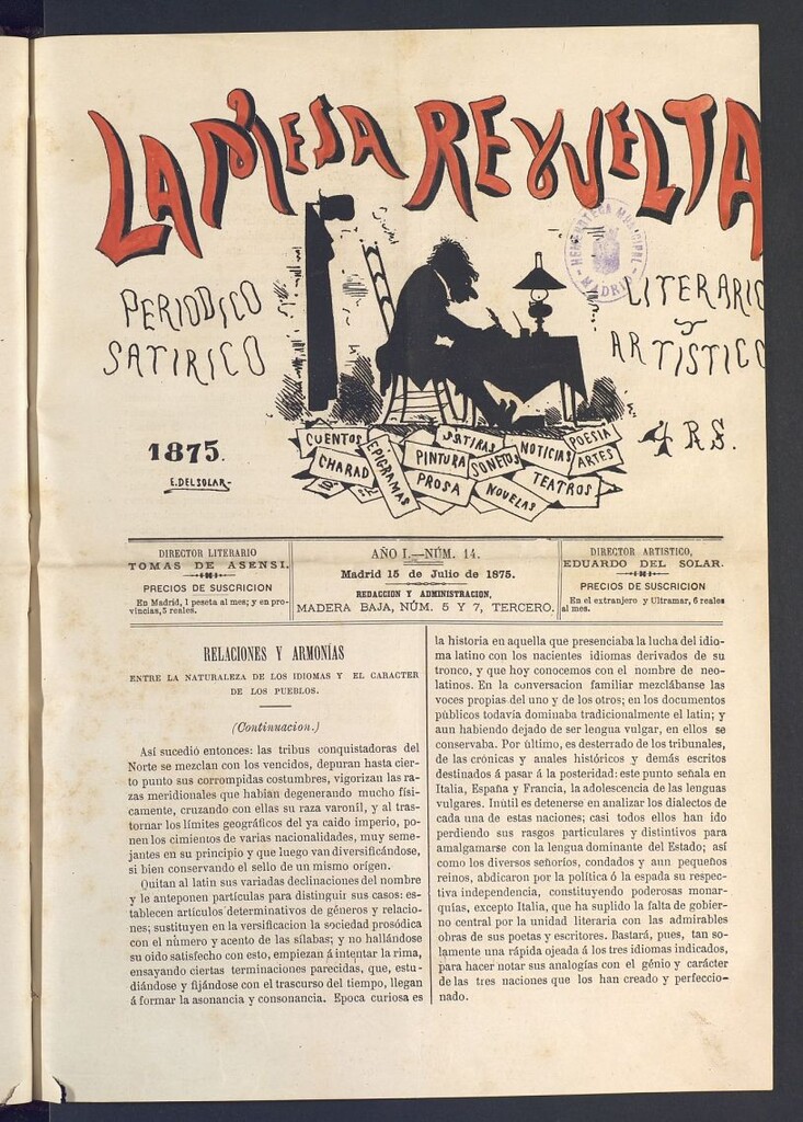 Miniatura de La Mesa revuelta: periódico satírico literario y artístico del 15 de julio de 1875. Nº 14