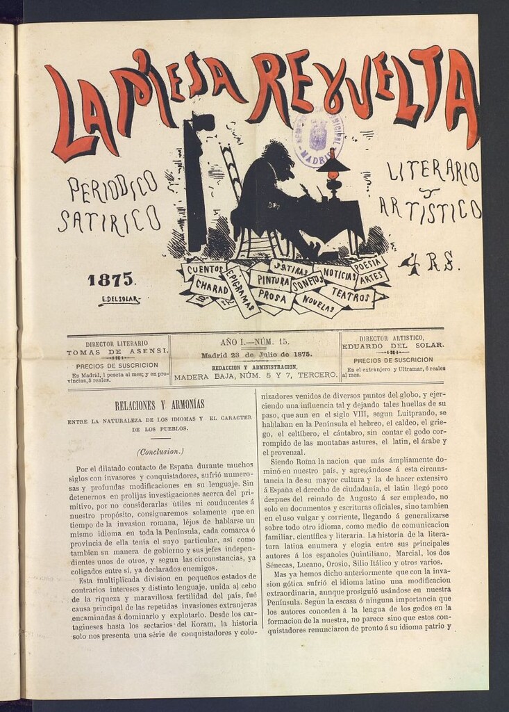 Miniatura de La Mesa revuelta: periódico satírico literario y artístico del 23 de julio de 1875. Nº 15