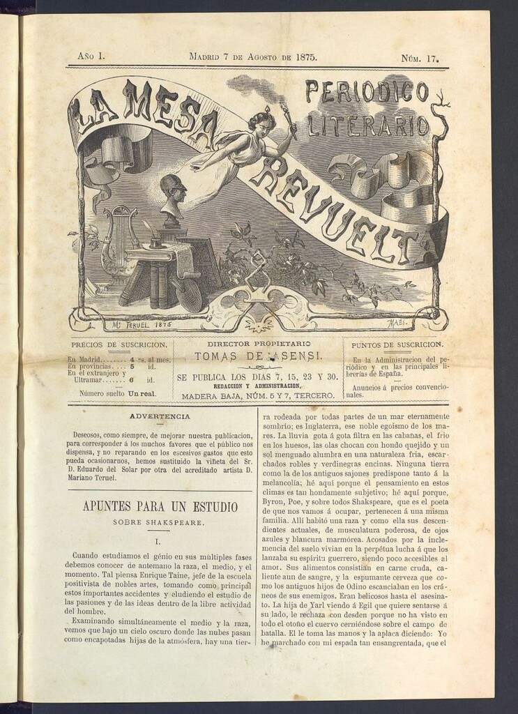 Miniatura de La Mesa revuelta: periódico satírico literario y artístico del 7 de agosto de 1875. Nº 17