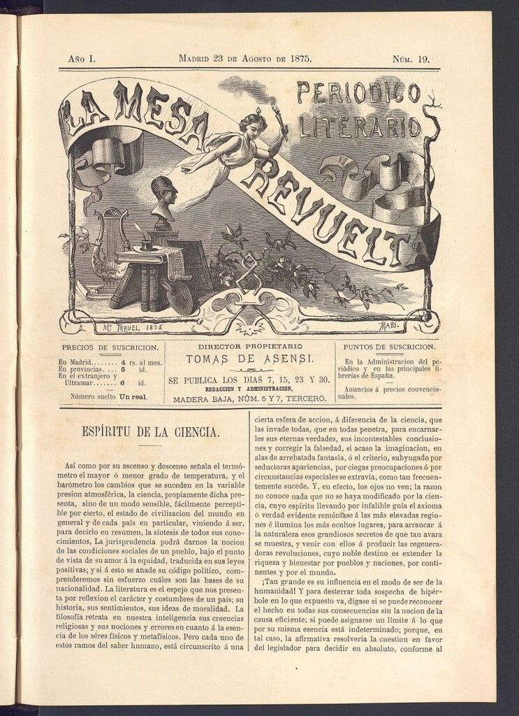 Miniatura de La Mesa revuelta: periódico satírico literario y artístico del 23 de agosto de 1875. Nº 19