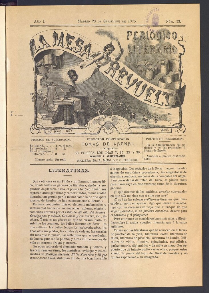 Miniatura de La Mesa revuelta: periódico satírico literario y artístico del 23 de septiembre de 1875. Nº 23