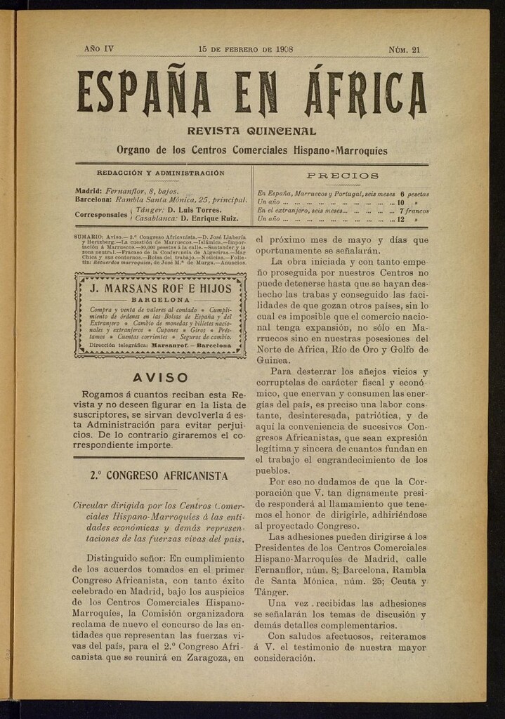 Miniatura de España en África de 15 de febrero de 1908, nº 21