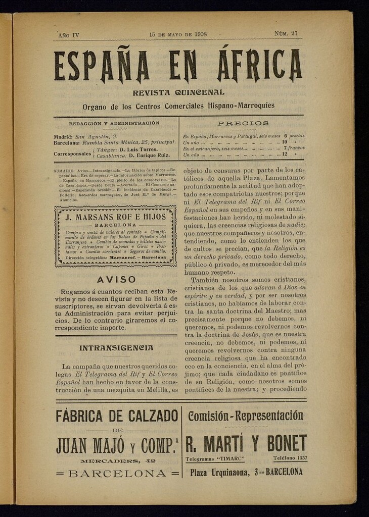 Miniatura de España en África de 15 de mayo de 1908, nº 27