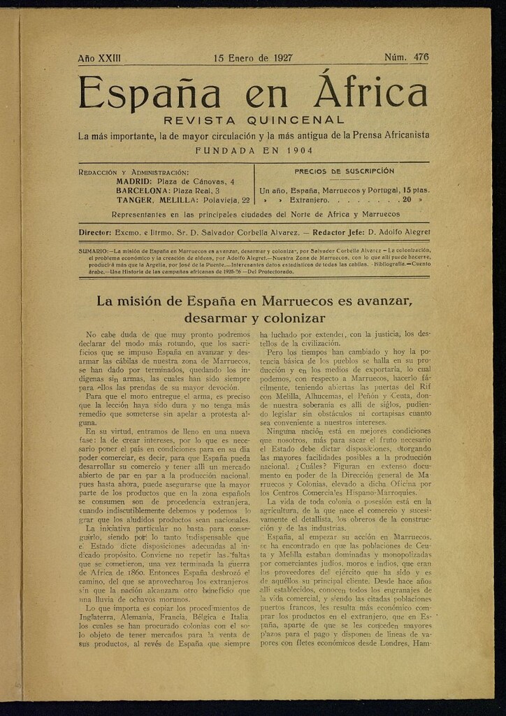 Miniatura de España en África de 15 de enero de 1927, nº 476
