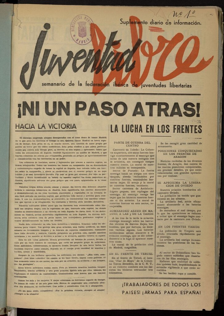 Miniatura de Juventud libre : semanario de la Federación ibérica de juventudes libertarias : suplemento diario de información