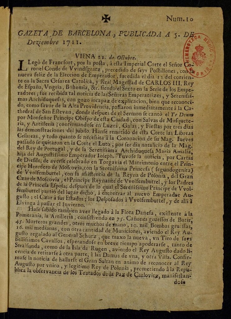 Miniatura de Gazeta de Barcelona de 5 de diciembre de 1711, nº 10