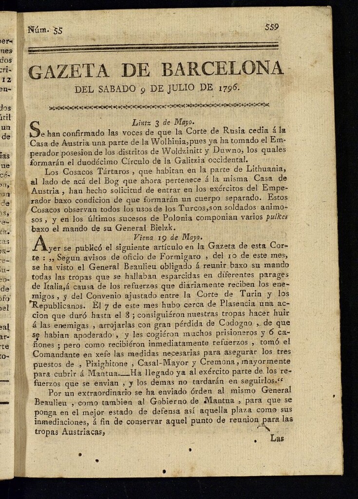Miniatura de Gazeta de Barcelona de 9 de julio de 1796, nº 55
