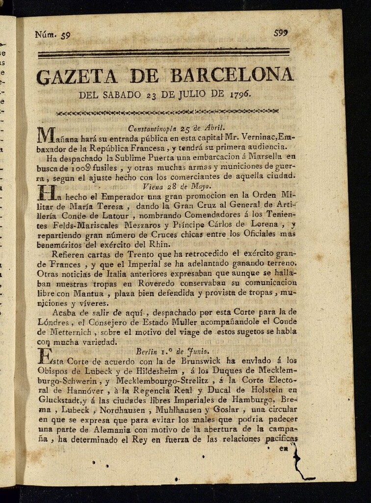 Miniatura de Gazeta de Barcelona de 23 de julio de 1796, nº 59