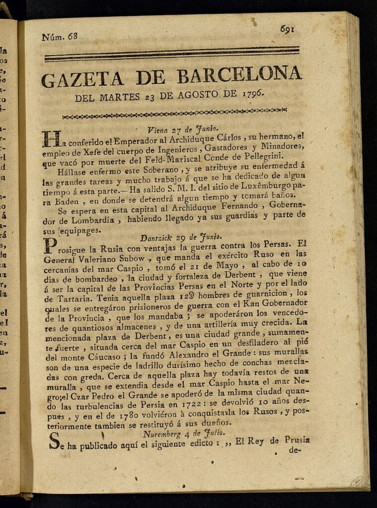 Miniatura de Gazeta de Barcelona de 23 de agosto de 1796, nº 68
