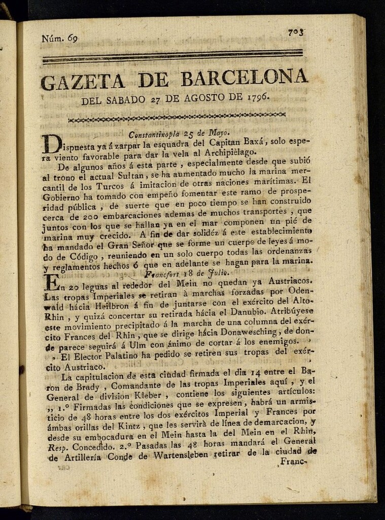 Miniatura de Gazeta de Barcelona de 27 de agosto de 1796, nº 69