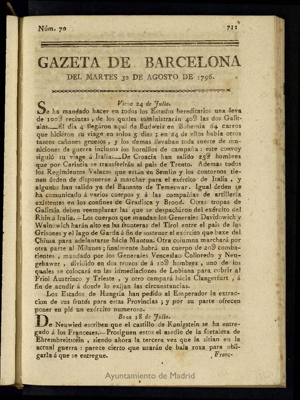 Miniatura de Gazeta de Barcelona de 30 de agosto de 1796, nº 70