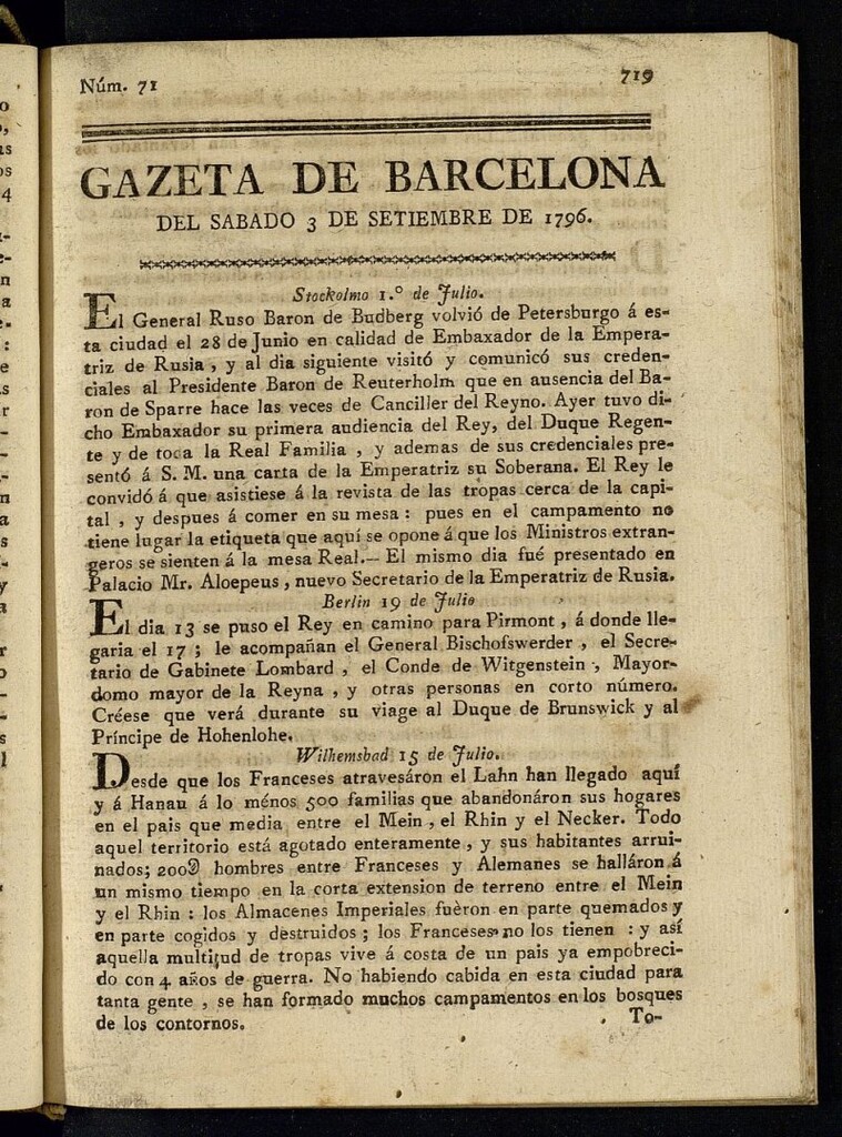 Miniatura de Gazeta de Barcelona de 3 de septiembre de 1796, nº 71