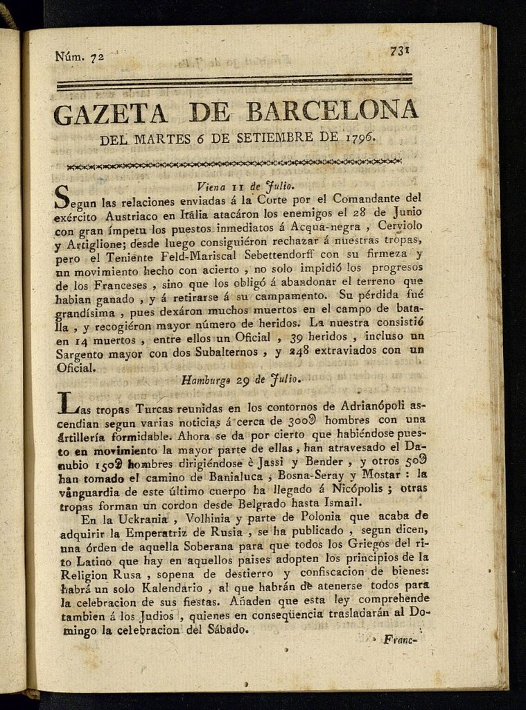 Miniatura de Gazeta de Barcelona de 6 de septiembre de 1796, nº 72