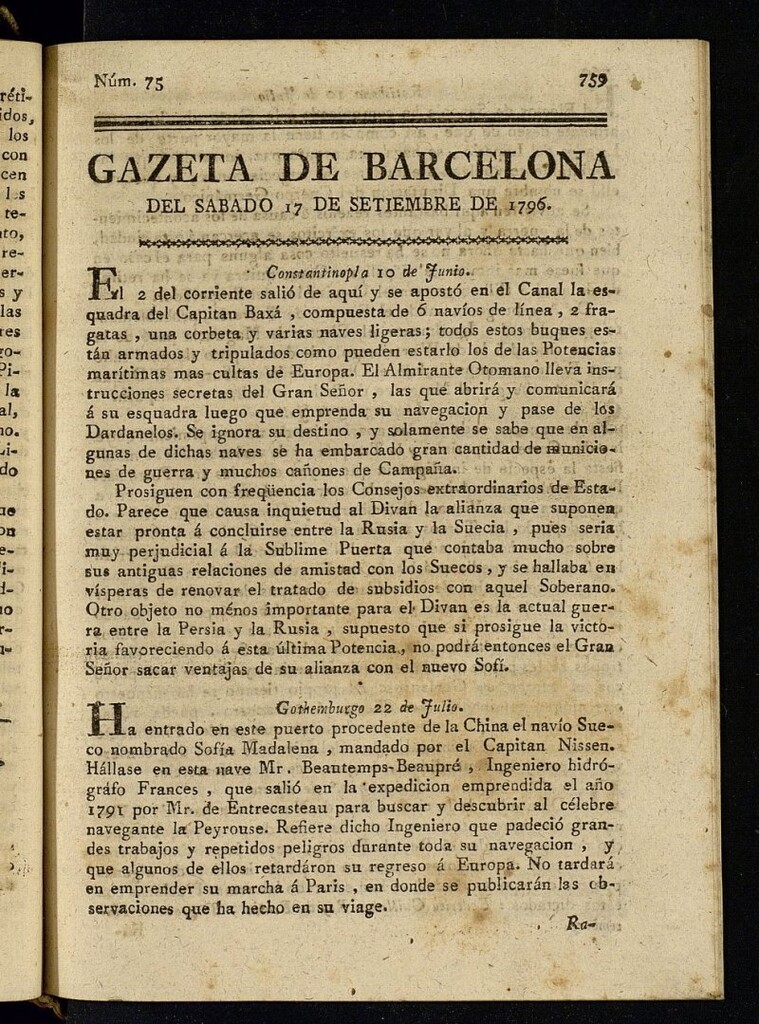 Miniatura de Gazeta de Barcelona de 17 de septiembre de 1796, nº 75
